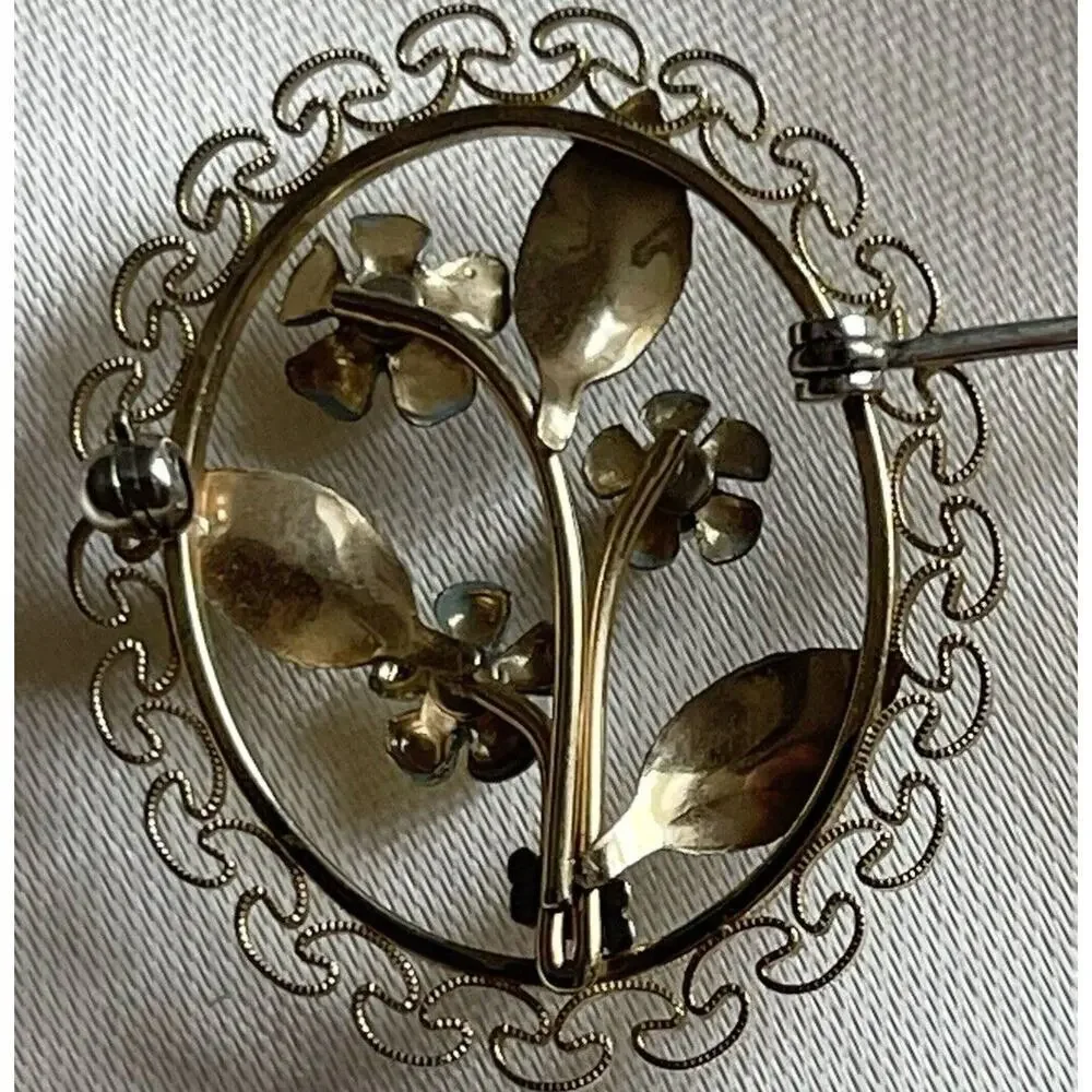 Vintage Krementz Gold Filled Forget Me Not Flower Filigree Brooch Pin Pearl Oval